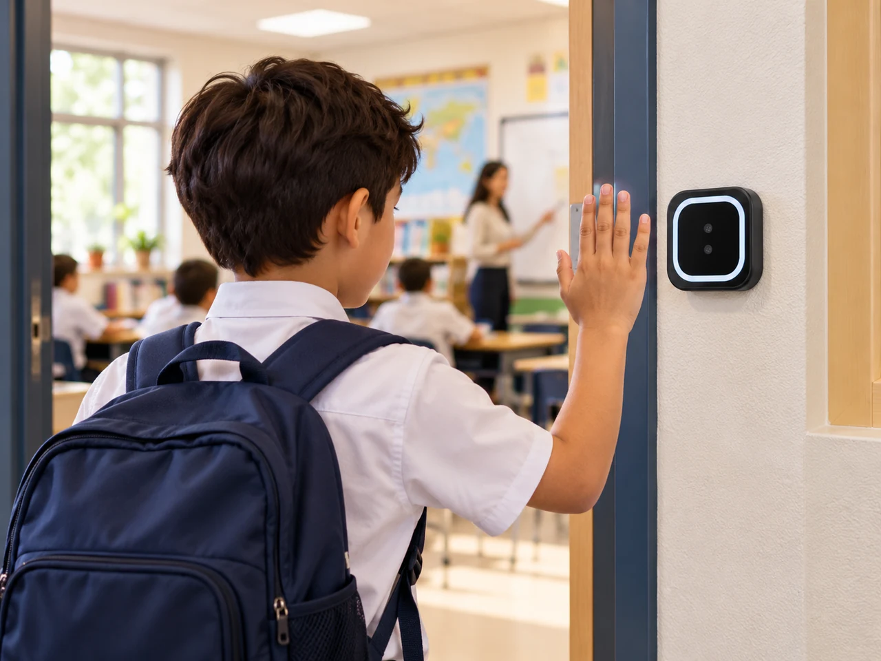 Aluno registra frequência na porta da sala